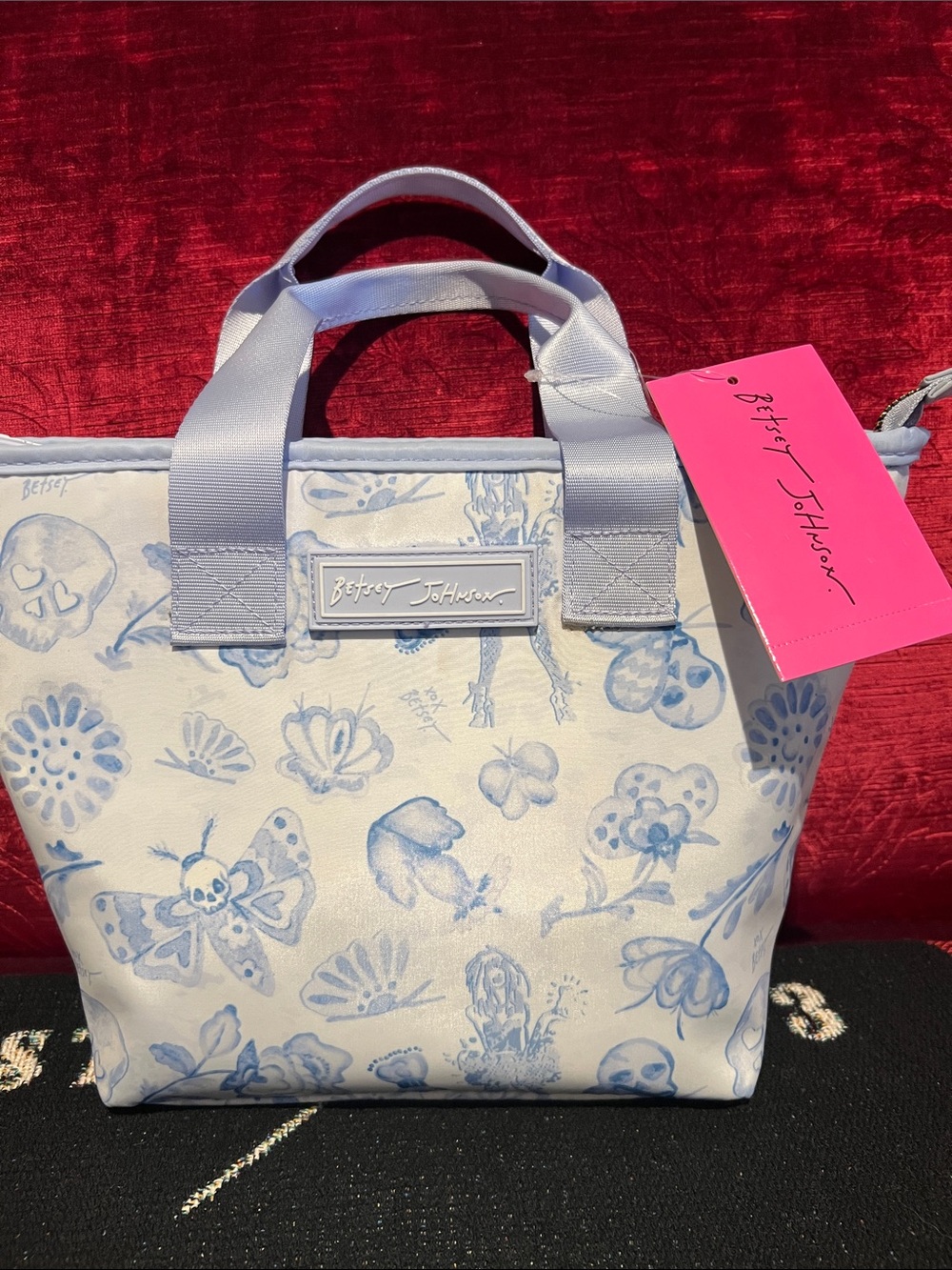 Betsy Johnson insulated lunch tote, NWT, cool skull and moth pattern